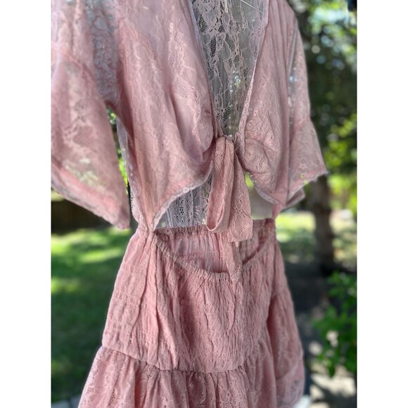 New FREE PEOPLE  Size L Lala Lace Mini Dress $128 Pink Sexy Boho Chic Festival - Picture 9 of 16